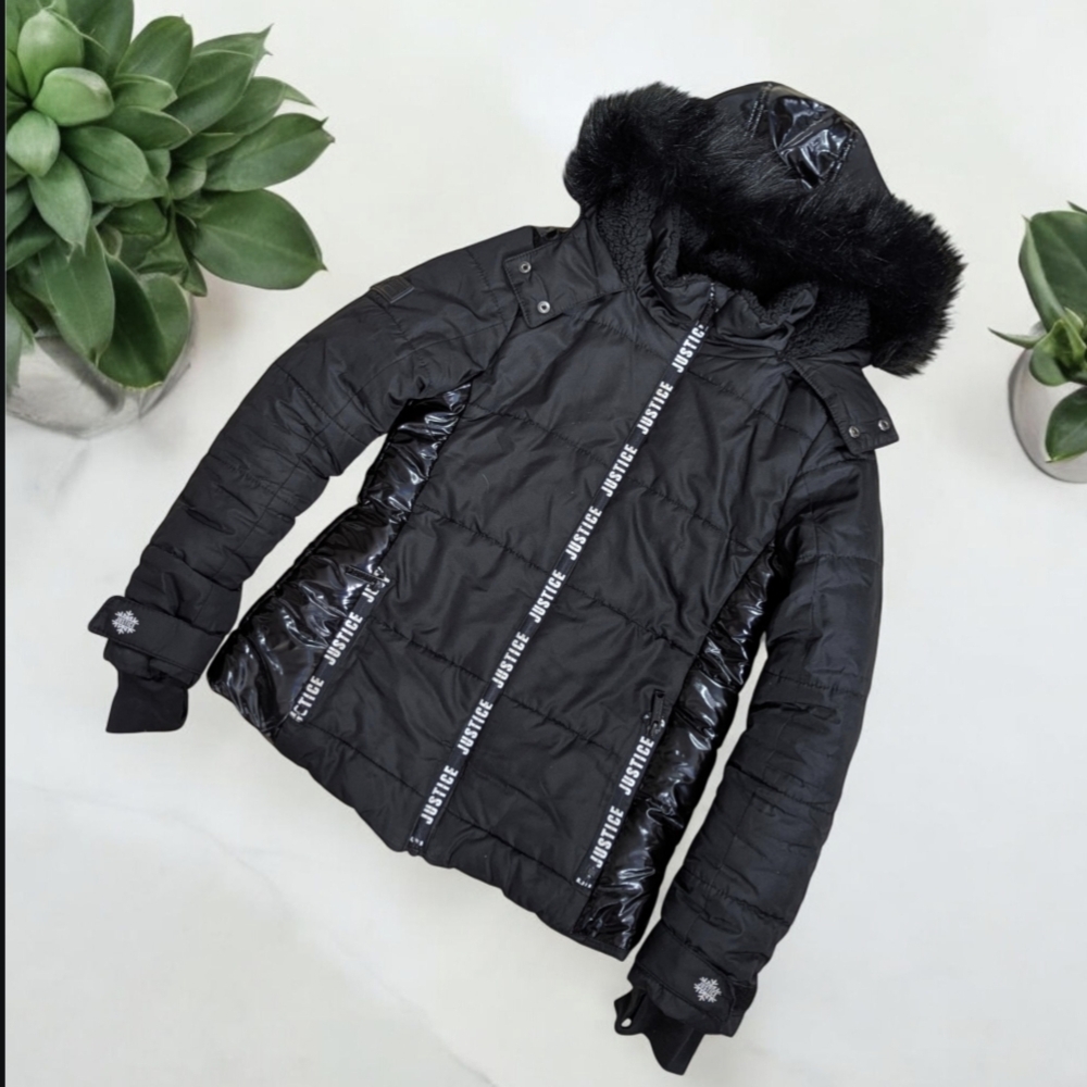 Justice Black Puffer Jacket with Faux Fur Hood